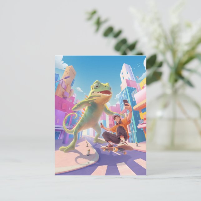 Urban Glide: Giant Chameleon Skater Selfie Postcard (Standing Front)