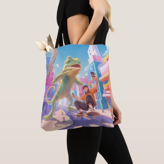 Urban Glide: Giant Chameleon Skater Selfie Tote Bag (Close Up)