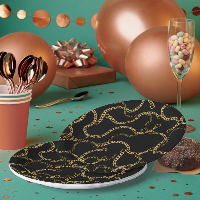 Urban Gold Chains Baroque Pattern  Paper Plates (Multi)