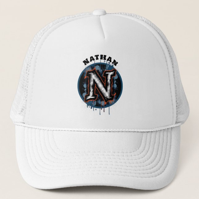 Urban Graffiti Graphic Customizable Monogram "N" Trucker Hat (Front)