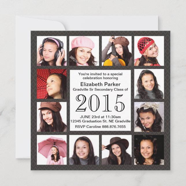 Urban Gray Brown 12 Photos Graduation Party Invitation (Front)