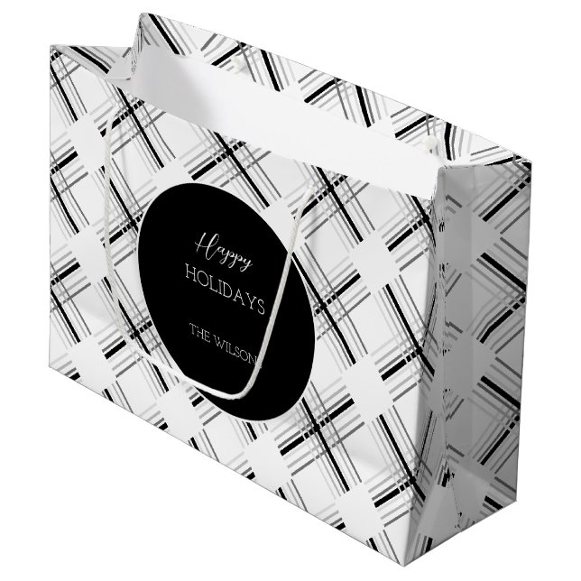 Urban Gray Tartan Pattern With Black Geometry Large Gift Bag (Front Angled)