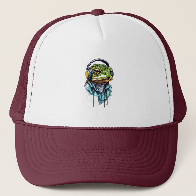Urban Groove: Colorful Frog with Headphones Trucker Hat (Front)