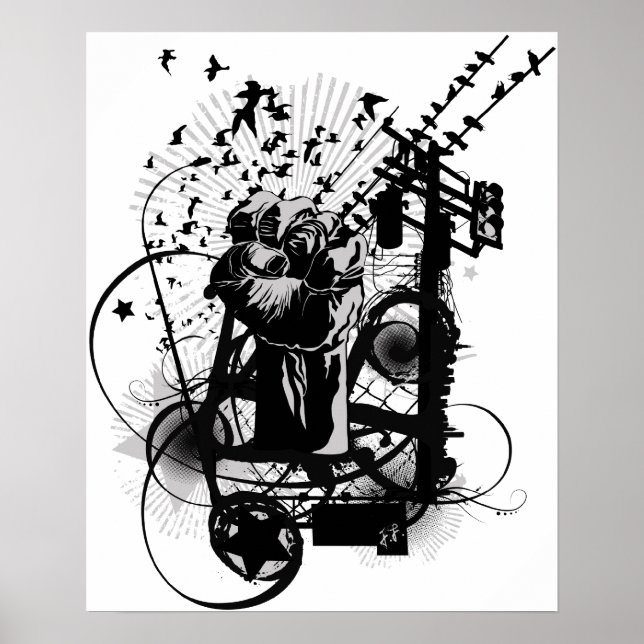 Urban Illustrated Fist with Crows, graffiti etc! Poster (Front)