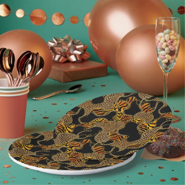 Urban Jungle Animal Print On Black Paper Plates (Multi)