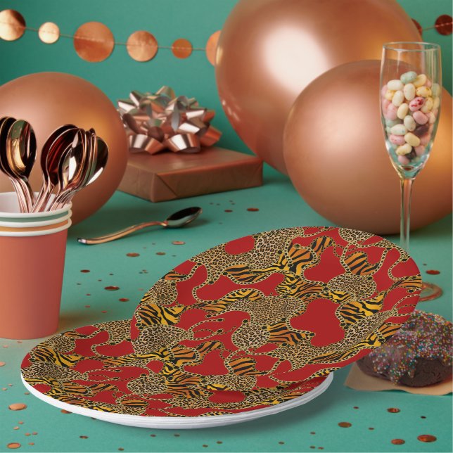 Urban Jungle Animal Print On Red Paper Plates (Multi)