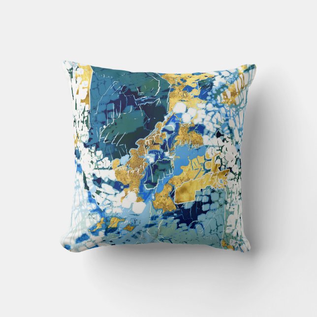 Urban, modern, abstract pattern, white, blue, gold throw pillow (Front)