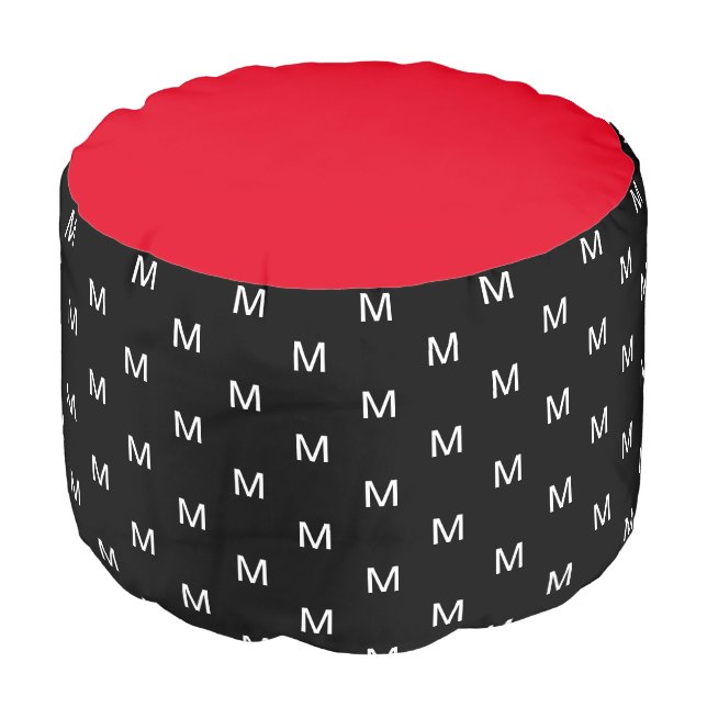 Urban Modern Black Red Monogrammed Pouf (Angled Front)