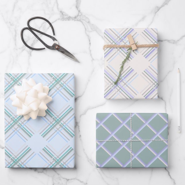 Urban Modern Tartan In Pearl And Blue Wrapping Paper Sheets (Front)
