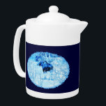Urban Moose Teapot<br><div class="desc">A blue and white image of a cow moose in an urban setting during winter. Moose are year-round residents in many Alaskan communities. Here in Anchorage there are about 1500 animals, along with wolves, brown bears and other wildlife.They are usually well-behaved. They often cross streets at the crosswalks after waiting...</div>