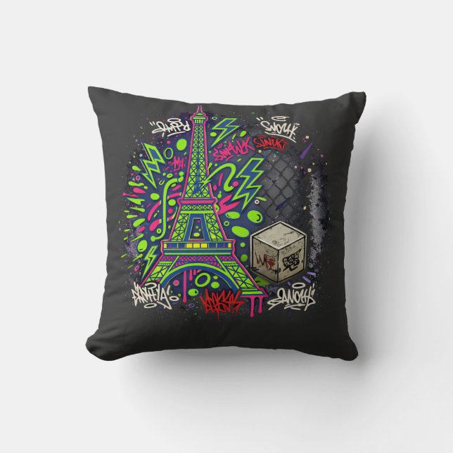 Urban Neon Graffiti Eiffel Tower Throw Pillow (Front)
