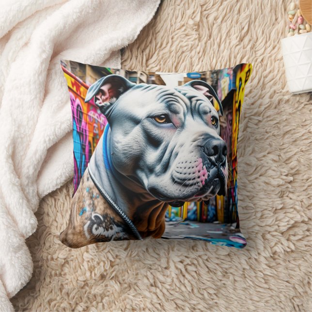 Urban Pitbull City Street Art Graffiti Throw Pillow (Blanket)