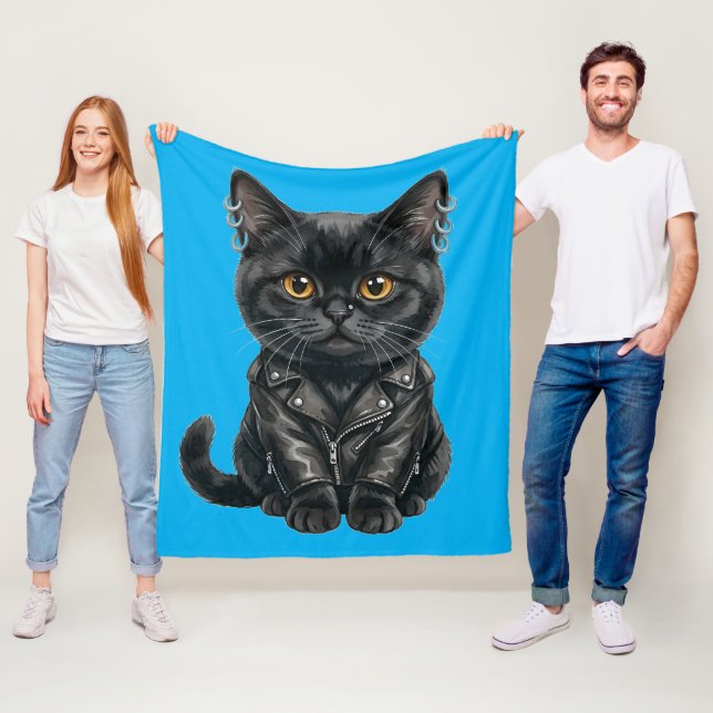 Urban Rap Cat in Leather Jacket Fleece Blanket (In Situ)