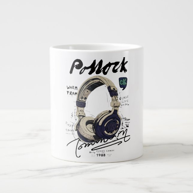 Urban Retro Headphone Vibe Illustration Giant Coffee Mug (Front)