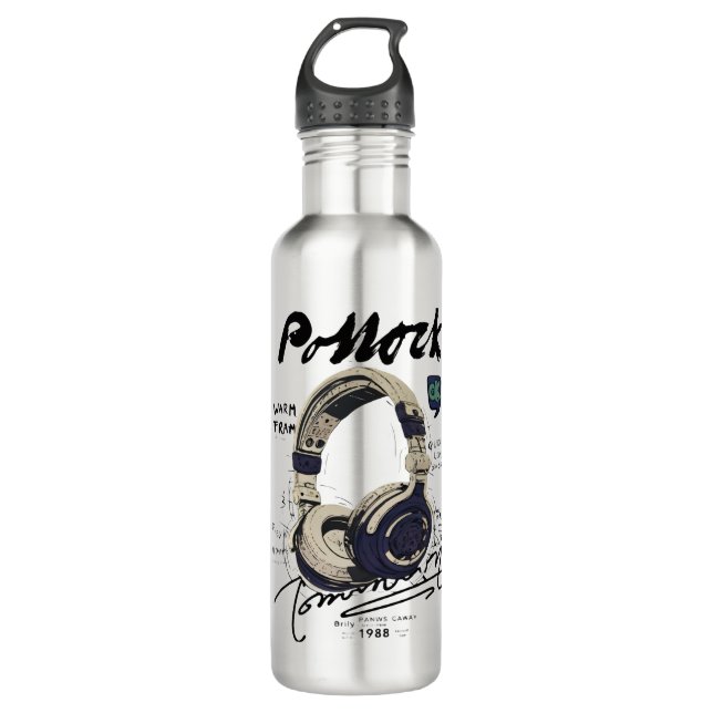 Urban Retro Headphone Vibe Illustration Stainless Steel Water Bottle (Front)
