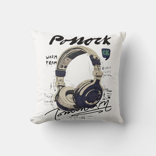 Urban Retro Headphone Vibe Illustration Throw Pillow (Front)