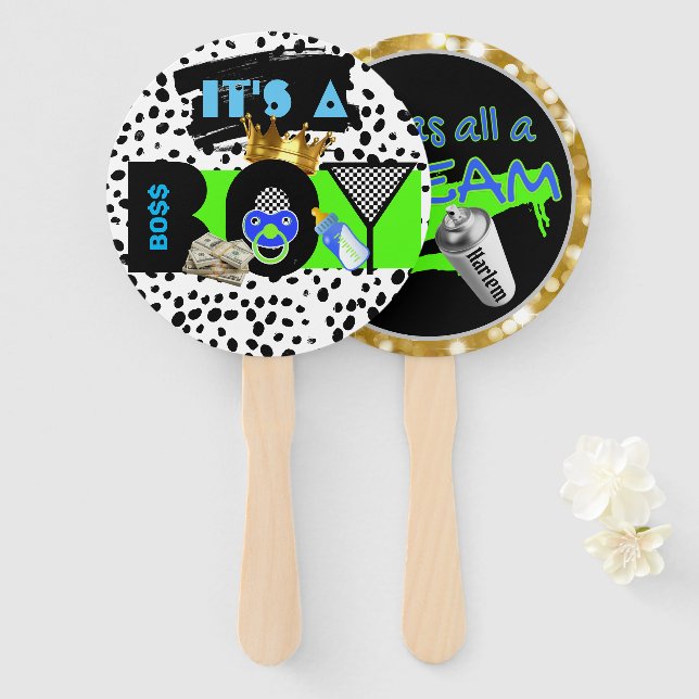 Urban Retro Hip Hop Baby Shower BOY Hand Fan (Front and Back)