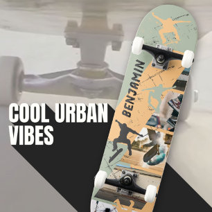 Urban Skater Photo Collage Sage Green and Tan Skateboard