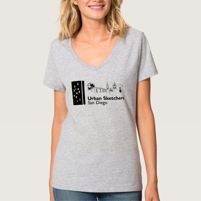 Urban Sketchers San Diego Women's Gray V-neck  T-Shirt (Front)