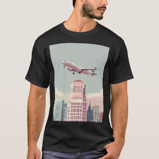 Urban Skyline Airplane Landing Graphic T-Shirt