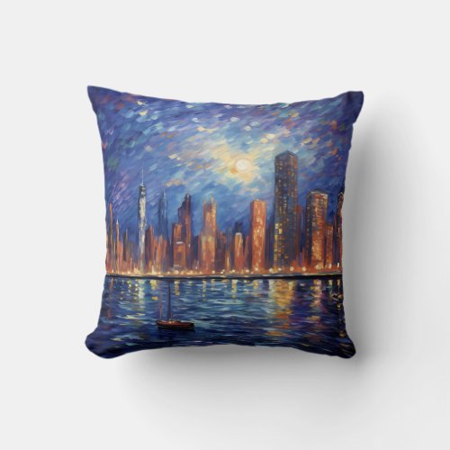 Urban Skyline Under Starry Sky Fine Art Painting Throw Pillow