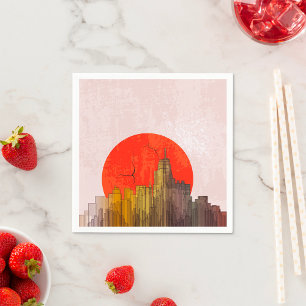 Urban Skyline with Red Sun Grunge Cityscape  Napkins