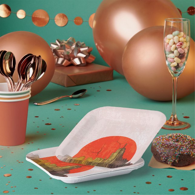 Urban Skyline with Red Sun Grunge Cityscape  Paper Plates (Creator Uploaded)