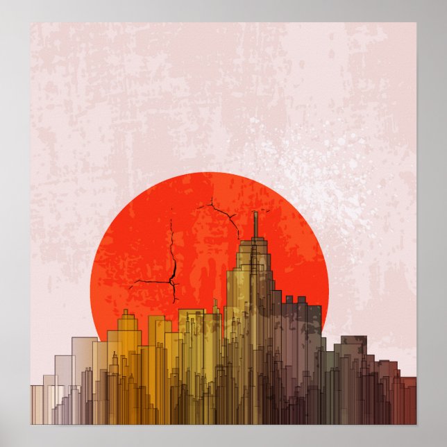 Urban Skyline with Red Sun Grunge Cityscape  Poster (Front)
