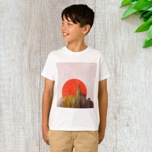 Urban Skyline with Red Sun Grunge Cityscape T-Shirt