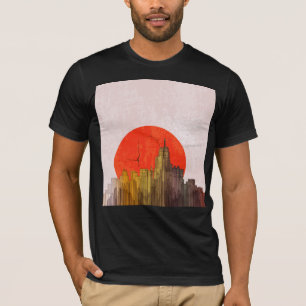 Urban Skyline with Red Sun Grunge Cityscape T-Shirt