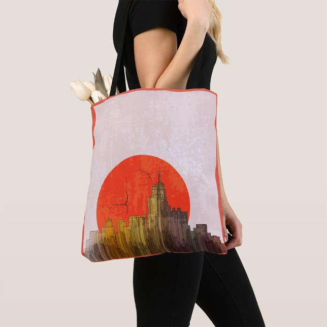 Urban Skyline with Red Sun Grunge Cityscape  Tote Bag (Creator Uploaded)