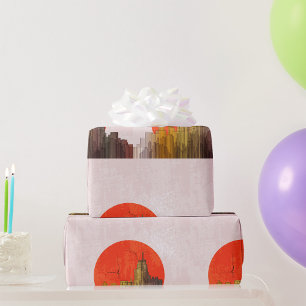 Urban Skyline with Red Sun Grunge Cityscape  Wrapping Paper