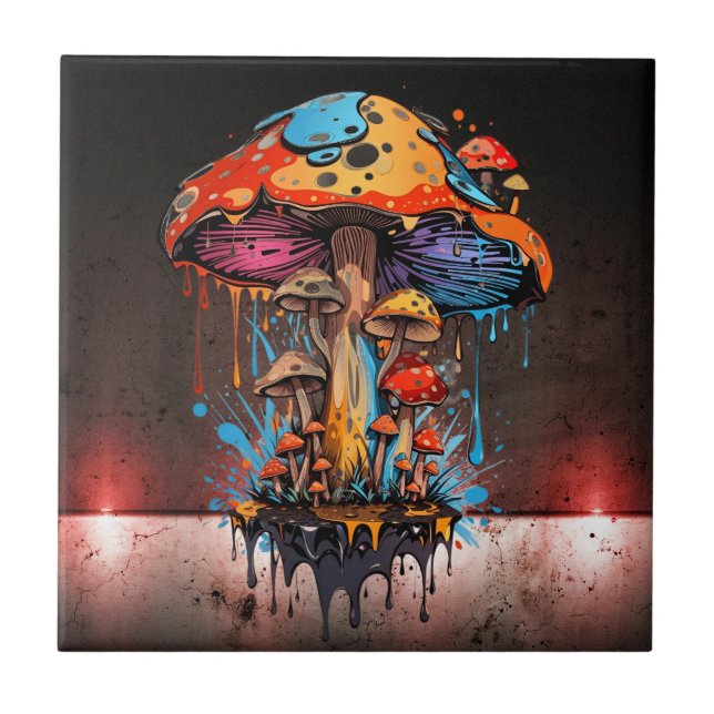 Urban Steampunk Vibes - Artistic Groovy Mushrooms Ceramic Tile (Front)