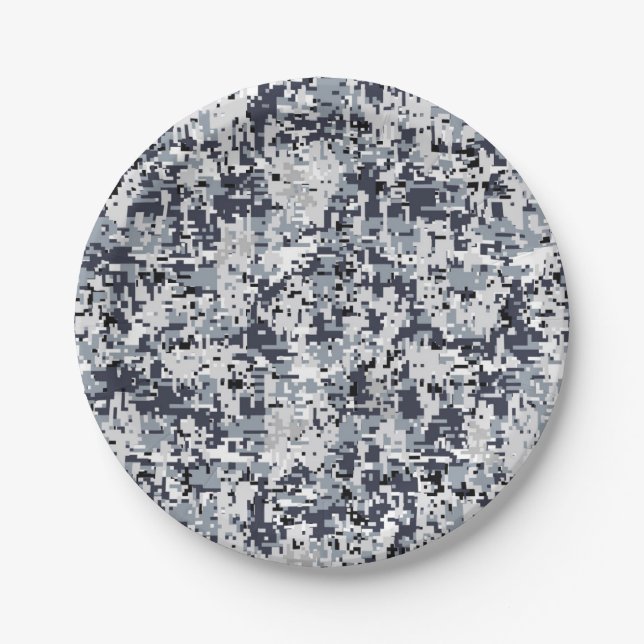 Urban Style Silver Grey Digital Camouflage Paper Plates (Front)