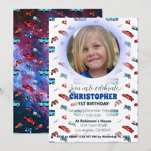 Urban transportation birthday invitation (Front/Back)