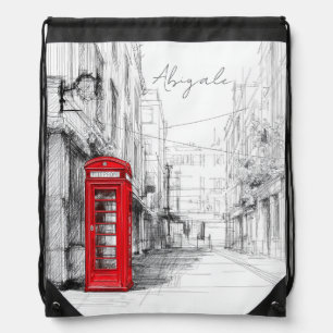 Urban Travel Scene with Red Phone Booth Drawstring Bag