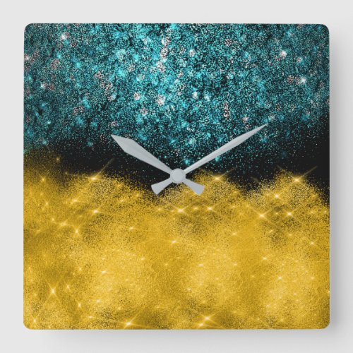 Urban Vip Black Glitter Confetti Teal Gold Square Wall Clock