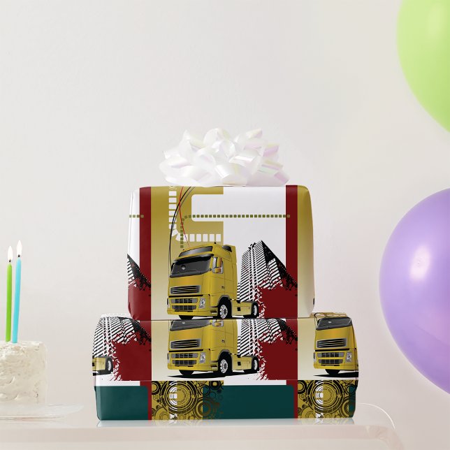 Urban Yellow Semi Truck City Skyline Wrapping Paper (Creator Uploaded)