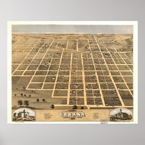 Urbana Illinois 1869 Antique Panoramic Map Poster