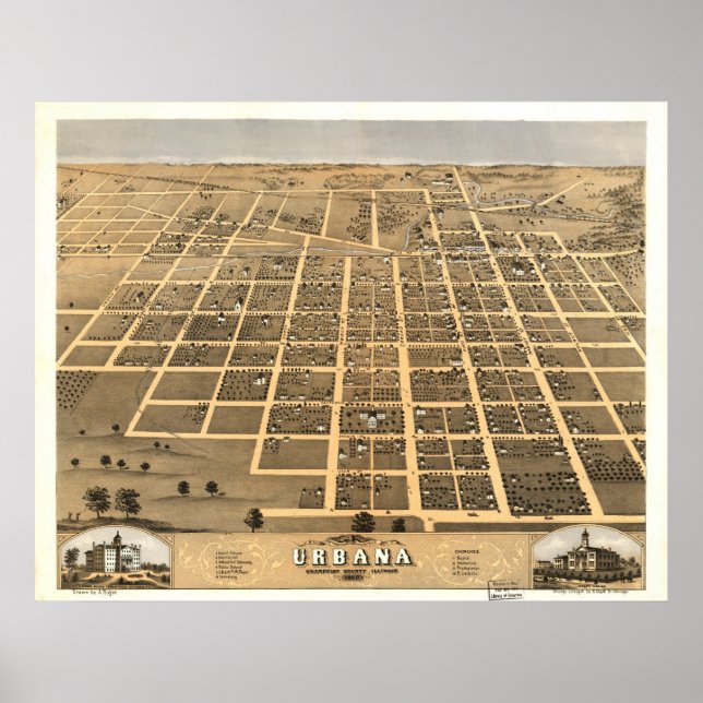 Urbana Illinois 1869 Antique Panoramic Map Poster (Front)