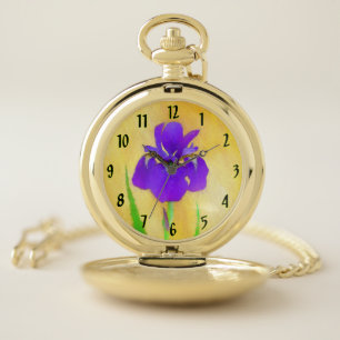 urple Bearded Iris Painting - Original Flower Art Pocket Watch