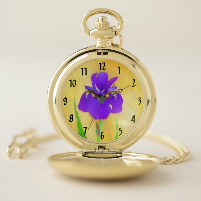 urple Bearded Iris Painting - Original Flower Art Pocket Watch (Inside)