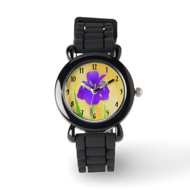 urple Bearded Iris Painting - Original Flower Art Watch (Front)