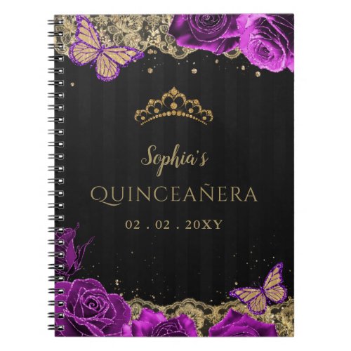 urple Roses Black Gold Lace Quinceaera Guestbook Notebook