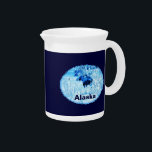 Urrban Moose Drink Pitcher<br><div class="desc">A blue and white image of a cow moose in an urban setting during winter. Moose are year-round residents in many Alaskan communities. Here in Anchorage there are about 1500 animals, along with wolves, brown bears and other wildlife.They are usually well-behaved. They often cross streets at the crosswalks after waiting...</div>