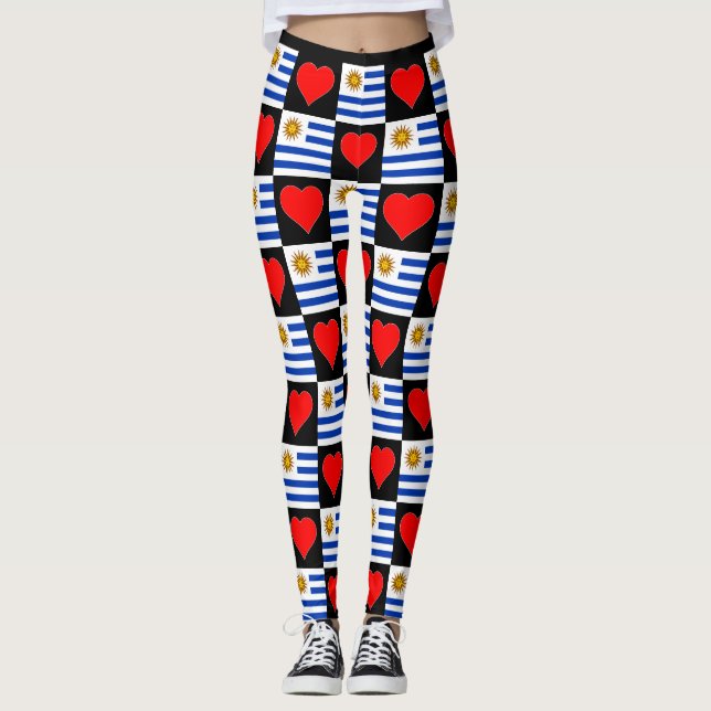 Uruguay Flag Heart Pattern Patriotic Uruguayan Leggings (Front)