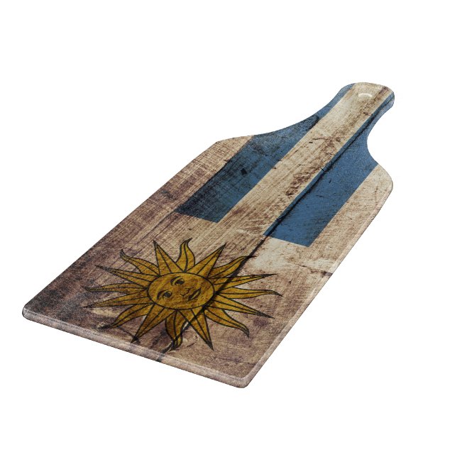 Uruguay Flag on Old Wood Grain Cutting Board (Corner)