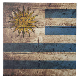 Uruguay Flag on Old Wood Grain Tile
