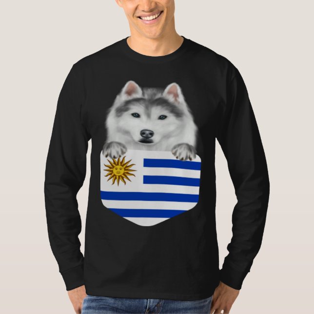 Uruguay Flag Siberian Husky Dog In Pocket T-Shirt (Front)