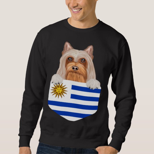 Uruguay Flag Silky Terrier Dog In Pocket Sweatshirt (Front)